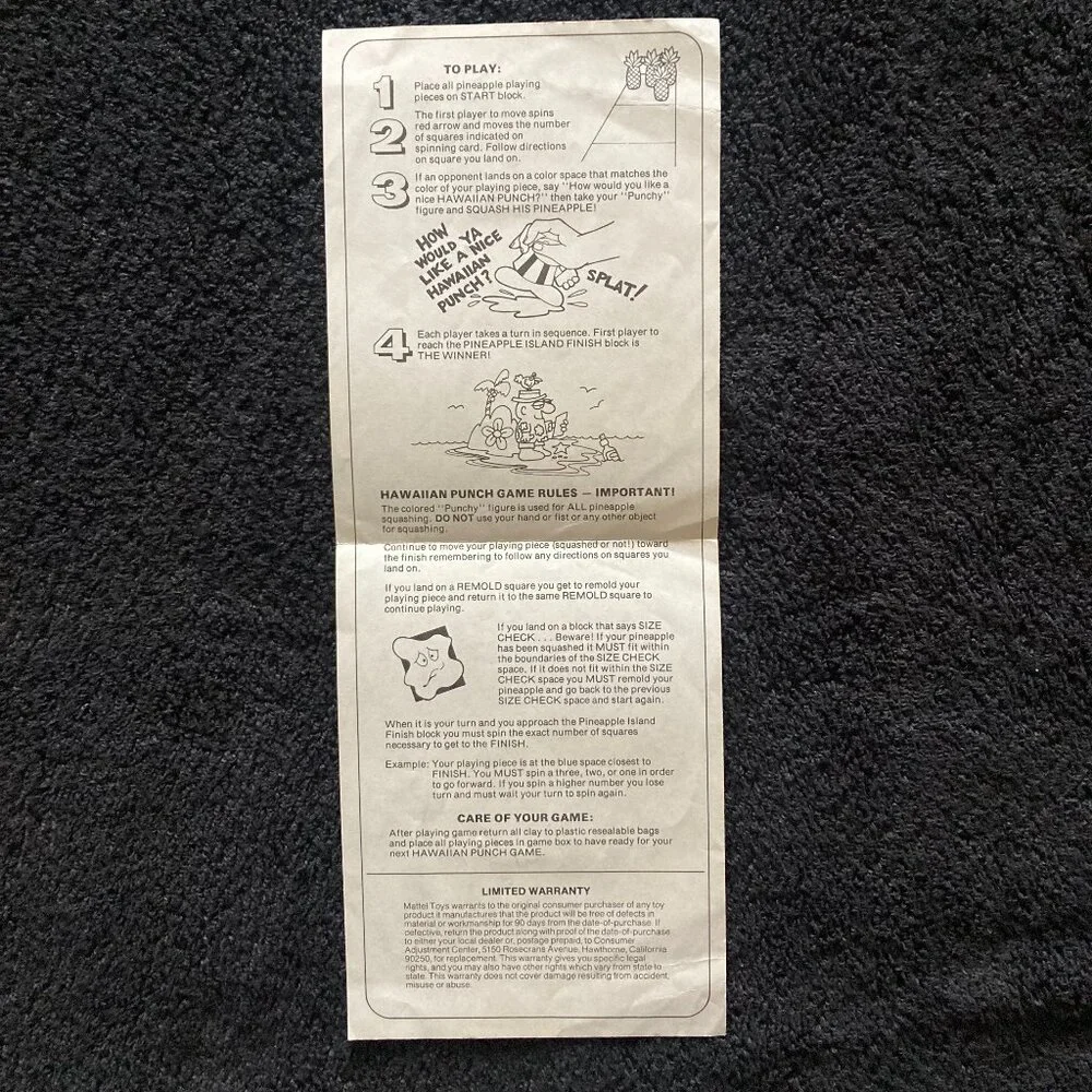 Vintage 1978 Mattel Inc. Hawaiian Punch Board Game Spinner and Instructions